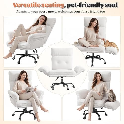 Criss Cross Chair with Armrests & Wheels for Cross-Legged Sitting，Ergonomic Computer Gaming Chair with Two Side Pockets，Teddy Plush Wide Seat Reclining Desk Chair for Home,Office,Beige thumbnail 5