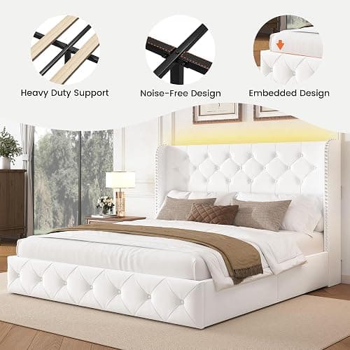 LARMACE Queen Size Bed Frame with LED Lights and 4 Storage Drawers Velvet Upholstered Platform Bed Frame with Tufted Headboard Wingback, No Box Spring Needed, Easy to Assemble, White thumbnail 8