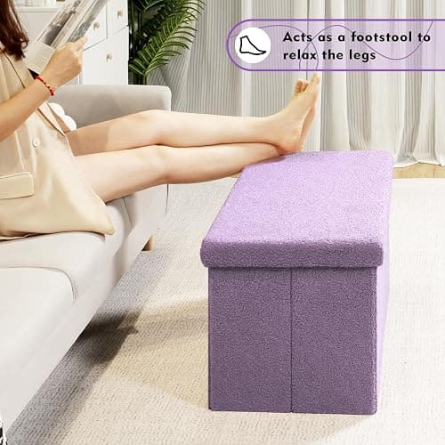 PINPLUS Folding Storage Ottoman Bench, Sherpa Ottoman with Storage, Large Long Shoes Bench Chest with Lid, Footrest for Living Room, Entryway, Purple, 31.5'' x 15.7'' x 15.7'' thumbnail 5