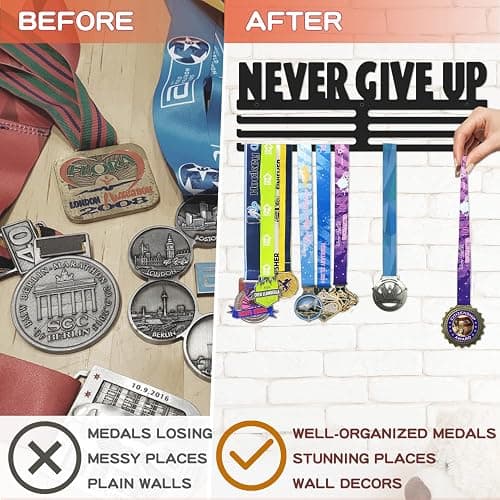 Bliocefo Medals Hanger Holder Display Steel Rack Hooks 15 inches Wall Mount Frame Over 60 Medals-Sports Medal Hook Storage Organizer Never Give Up Ribbon with Easy Hanging Bars Black 3 Lines thumbnail 3