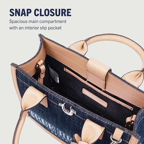 True Religion Denim Tote Bag, Bombe Logo Shoulder Carryall with Horseshoe Hardware and Strap Hand Bag, Dark Denim thumbnail 6