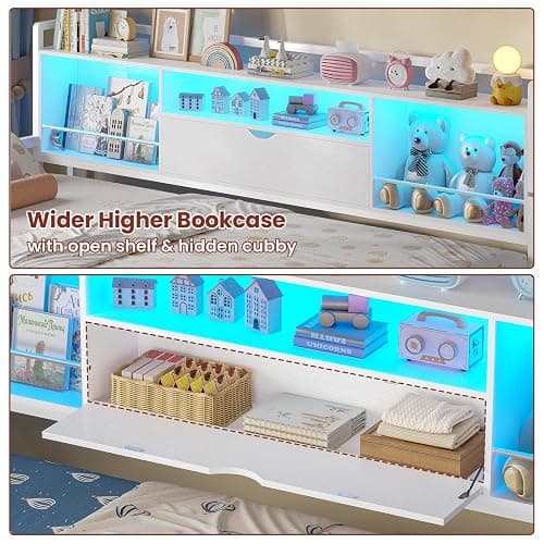 ADORNEVE Twin Corner Bed Frame with 7 Drawers, Desk & Bookcase Storage, Metal Platform Daybed with Charging Station and RGB Lights, for Kids Bedroom, No Box Spring Needed, White thumbnail 6