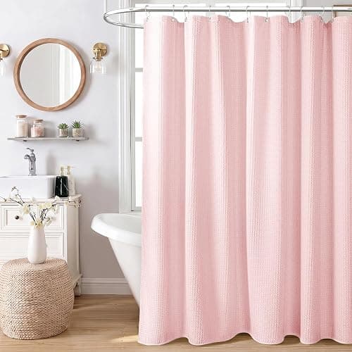 Dynamene Waffle Shower Curtain 256 GSM Heavy Duty Fabric 72"x72" Pink | Thick Textured Cloth, Weighted Hem, Water Repellent Washable, Hotel Luxury Polyester Shower Curtain Set for Bathroom 12 Hooks thumbnail 2