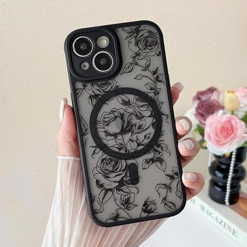 XIZYO Magnetic Case for iPhone 13, Floral Flower Cute Aesthetic Case [Compatible with Magsafe] for Women Girls Rose Pattern Slim TPU Bumper Shockproof Protective Cover, Branch Rose/Black thumbnail 6