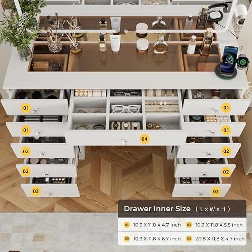 Otterease White Makeup Vanity, 11 Drawers Vanity Mirror with Lights, Makeup Vanity Desk with 3 Lighting Modes Adjustable Brightness, Vanity with Glass Top for Bedroom thumbnail 7