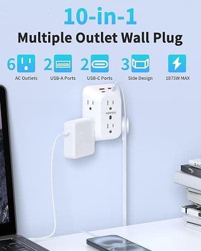 2 Pack Outlet Extender Surge Protector, HOPOW 6 Outlet Splitter with 4 USB Ports (2 USB C), USB Wall Charger, 3-Sided 1050J Multi Plug Wall Outlet, Wall Mount for Home Travel Office Travel, White thumbnail 2