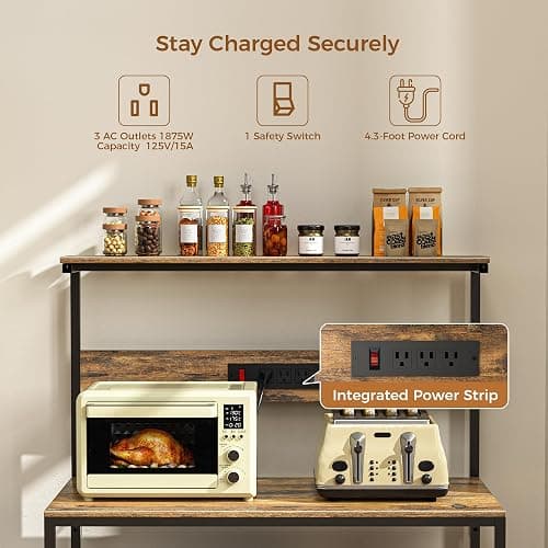 VUSIGN Kitchen Bakers Rack with Power Outlet, 4-Tier Coffee Stand with 6 S Hooks, Adjustable Kitchen Microwave Stand, Appliance Storage Shelf Rack for Spices, Pots and Pans, Rustic Brown,31.5" W thumbnail 5
