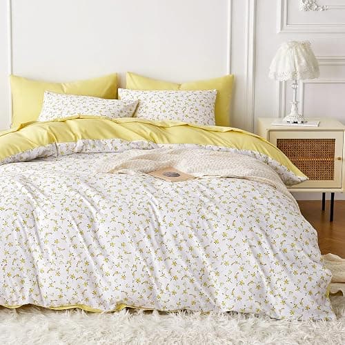 Wake In Cloud - Floral Comforter Set, Coquette Cottagecore Aesthetic Cute Flower Pattern for Women Teen Girls, Soft Lightweight Dorm Bedding, 3 Pieces, Yellow White, Queen Size thumbnail 3