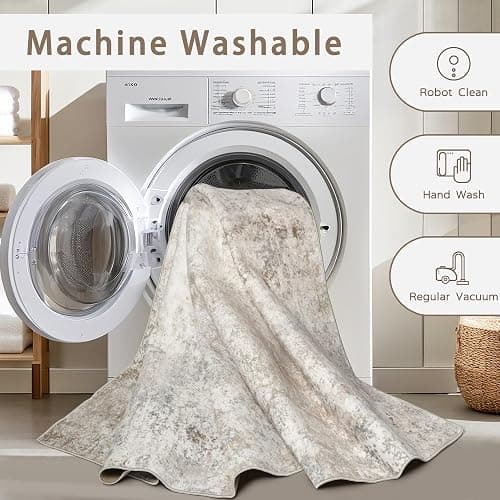 Srugn Washable Rugs 5x7 Area Rugs for Living Room,Modern Abstract Rugs for Bedroom,Large Carpets,Ultra Soft Faux Wool Retro Dining Room Rug,Non Slip&Non-Shedding Low Pile Print Rug- Beige Grey thumbnail 4