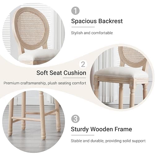 SetteeBit French Country Barstool Set of 4, Linen Farmhouse Counter Height Chair with Round Back and Solid Wood Legs, Oval Chairs for Bar, Kitchen, Restaurant thumbnail 5