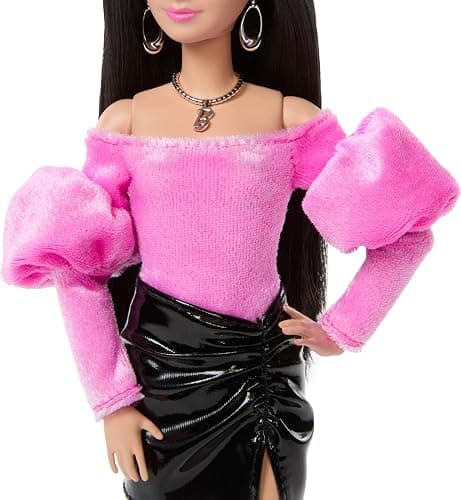 Barbie Deluxe Style Doll #13 in Pink Barbiecore Velveteen Top with Puffed Sleeves, Black Vinyl Mini Skirt, Black Hair, Pink Purse and Sunglasses​​ thumbnail 4