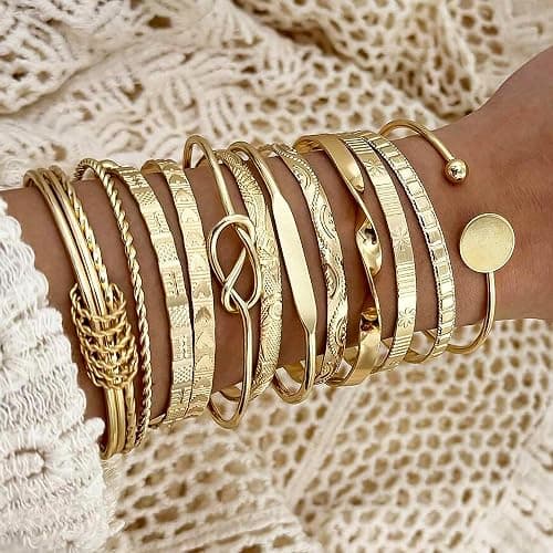 FAXHION Gold Bangle Bracelets for Women, 14 Pcs Multi Layer Stackable Bangle Set, 14K Gold Plated Textured Chunky Bracelets Boho Jewelrys Set thumbnail 4