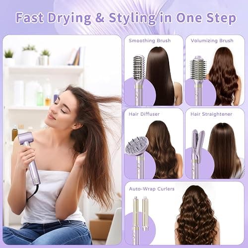 Hair Dryer Brush 8-in-1 Dual Voltage Hot Air Styler – Fast-Drying 110,000 RPM Ionic Blow Dryer with Straightener & Curler Attachments, Frizz-Free Volumizing Styler with Protective Hard Case-Purple thumbnail 2