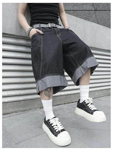 VIPWOLF Men's Jorts Y2K Jean Shorts Wide Leg Grunge Streetwear Bermuda Roll Up Hem Baggy Denim Shorts thumbnail 4