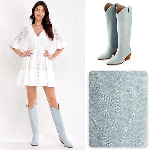 iiimmu Cowgirl Boots Women Knee High Boots Pointed Toe and Block Heel Cowboy Suede and Faux Leather Boots with Embroidered thumbnail 3