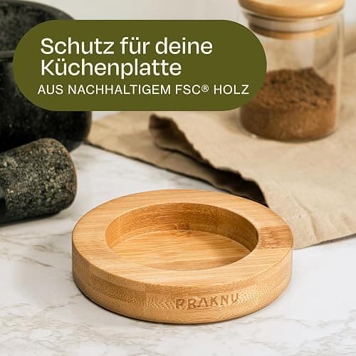Praknu Mörser aus Granit klein mit Stößel - Für ein feines Mahlergebnis - Mit Untersetzer aus nachhaltigem FSC® Holz - Leicht zu Reinigen thumbnail 3