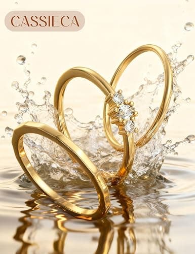 CASSIECA 14K Gold Plated Stackable Rings for Women Non Tarnish Cubic Zirconia Band Rings Set Dainty Trendy Statement Engagement Promise Stacking Ring Size 5-10 thumbnail 4