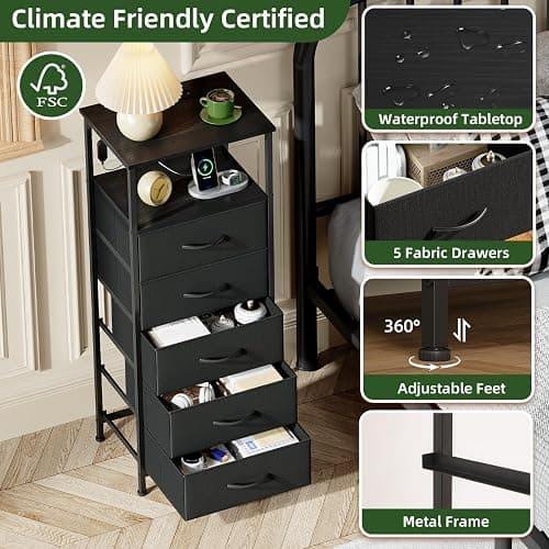 Somdot Black Nightstand with Charging Station and LED Light for Bedroom, Tall 5 Drawers Dresser with Fabric Bins for Bedside Kids Dorm Room Closet Laundry Entryway, Black thumbnail 6