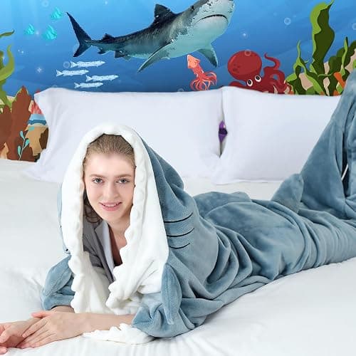 QUSLLIS Shark Blanket - Blanket - Made of Super Soft, Cosy Flannel with Hood, Jumpsuit, Hoodie, Shark Sleeping Bag, Portable Blanket for Adults and Children, XL thumbnail 2