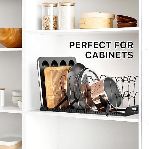 Simple Houseware Expandable Pan Organizer Rack, 10 Adjustable Compartments, Black - Kitchen Cabinet Organizer for Pots, Pans, Lids & Bakeware - Pantry & Countertop Storage thumbnail 7