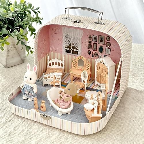 TUZT Suitcase Dollhouse Furniture Set for Kids, Mini Dollhouse Box with 2 Flexible Dolls and Bedroom&Bathroom Furnitures, Pretend Play Accessories Christmas Birthday Gift for Toddlers Ages 3+ thumbnail 2