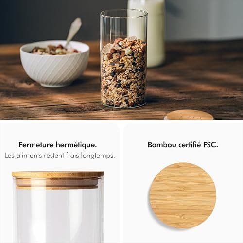 KIVY Set Bocaux en Verre Hermétique [4 x 1200 ml] - Avec Couvercles en Bambou Durable - Pour Conservation et Pâtes thumbnail 2