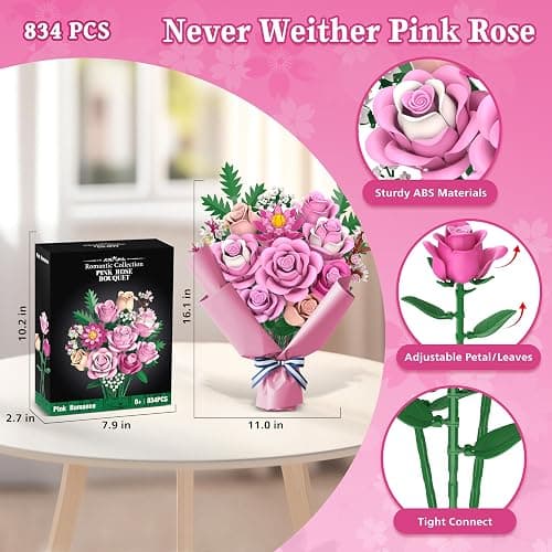 Pink Rose Bouquet Flowers Building Set, 834Pcs Roses Artificial Flowers Botanical Collection Compatible with Lego Flowers for Adults Christmas Anniversary Valentines Day Gifts for Mom Her Women thumbnail 4