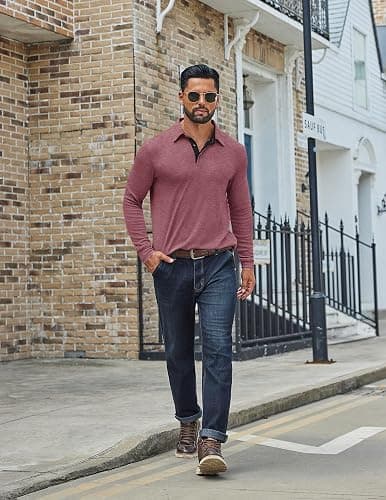 COOFANDY Mens Long Sleeve Polo Shirts Classic Casual Button Polo Tee Lightweight Collared Golf Shirt thumbnail 8