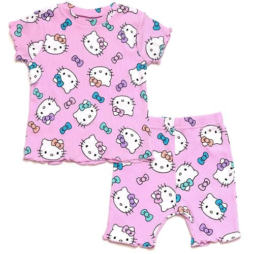 Hello Kitty Ribbed T-Shirt and Shorts Outfit Set Newborn to Little Kid Sizes (0-3 Months - 7-8) - Image 1