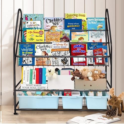 aboxoo Metal Kids Bookshelf Black Large Freestanding for Children Room 32 in Toy Organizer Large Stable Bookcase Bookstore Library Book Unit Storage Kids Bed Living Room thumbnail 9