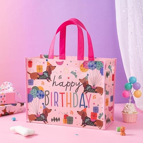 WRAPAHOLIC Large Reusable Pink Dachshund Birthday Gift Bag with Handles - 10 x 5 x 13 inch - Happy Bday Pink Dog Gift Bags for Kids Girls Birthday, Pet Lovers and Shopping thumbnail 5