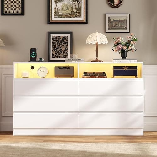 STIKELY Drawer Dresser for Bedroom with Power Outlet, Black Dressers with LED Light, Dresser Chest of Drawers for Closet,Wood Dressers Organizer Cabinet (White 6 Drawers) - Image 1