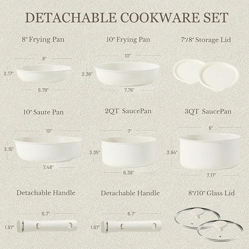 CAROTE Pots and Pans Set Non Stick, Cookware Sets, Kitchen Set, Oven/Fridge Safe, Space Saving Pots Set, Nonstick Cooking Set with Versatile Detachable Handle, Induction RV Set, Cream White - 11 pcs Granite Set - Cream White thumbnail 2