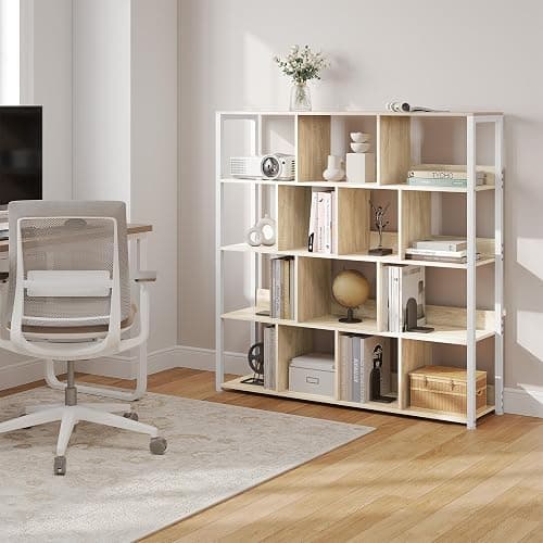 eSituro Scaffale per Libri, Scaffale con 14 Cubi in 4 Livelli, Unità di Stoccaggio Moderna per Soggiorno/Camera da Letto/Ufficio, Legno Ingegnerizzato, Effetto Rovere Chiaro+Bianco, 120x30x120cm thumbnail 2