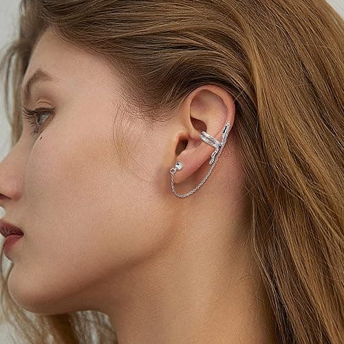 ADRAMATA 10 Stücke Ohr Manschette Ohrringe Kette für Damen Schlange Feder Ohr Manschette Kreuz Mond Stern Ohr Bergsteiger Helix Knorpel Crawler Ohrringe Quaste Gold Silver Ear Cuff Earrings für Damen thumbnail 5