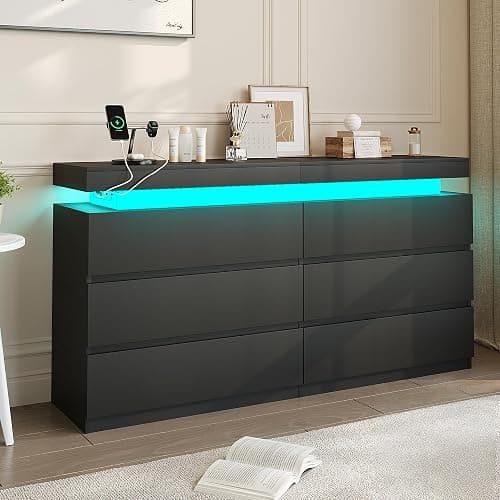 6 Drawer Dresser for Bedroom, Black Dresser with Power Outlet, LED Light, Sliding Desktop, Modern Wood Dressers, Dual Wide Chest of Drawers Storage Organizer for Bedroom,Living Room,Entryway,Hallway thumbnail 3