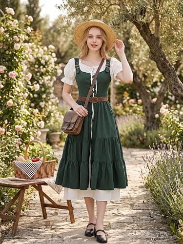 Nuoqi Renaissance Costume Women Medieval Peasant Dress Short Sleeve Chemise with Corset Overdress thumbnail 8