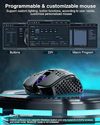 SOLAKAKA SM600 Honeycomb Shell Gaming Mouse Wireless,Tri-Modes BT5.1/2.4G Wireless/Type-C Wired Gamer Mouse with 2 Side Buttons, Macro Programmable and RGB Light for PC/Mac/Laptop,Black thumbnail 4