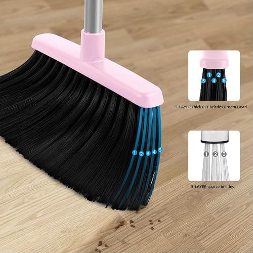 BSKLIN Broom and Dustpan Set, 54” Long Adjustable Handle Broom with Dustpan Combo Set Heavy Duty with Dust Pan Teeth to Clean Hair for Home Lobby Office (Medium Pink) thumbnail 6