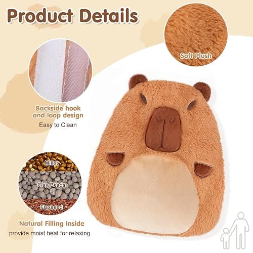Capybara Microwavable Heating Pad for Belly, Neck & Shoulders, Heated Stuffed Animals with Moist Heat, Removable Plush Cover, Unscented Natural Fill, Adorable Surprise Present, 7.8" x 10.6", 1.2 lb thumbnail 2