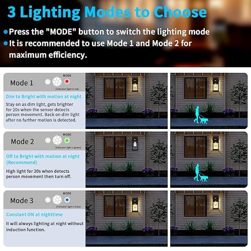 Solar Wall Lights Outdoor with 3 Lighting Modes & Motion Sensor, Solar Porch Light with 2 Bulbs, Waterproof Outdoor Wall Sconce Lantern Lamp Fixture for Garage Porch Shed Barn Yard Garden Front Door thumbnail 4
