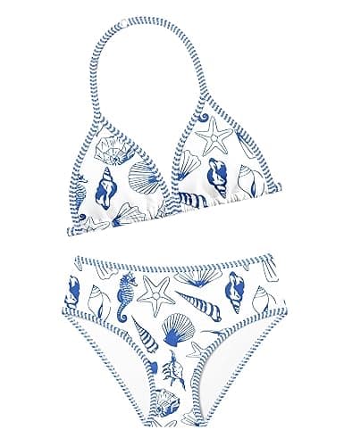 TyeSmo Girls Swimsuit Two Piece Halter Bikini Contrast Trim Girl Bathing Suit Backless Printed Swimwear with Chest Pad 7-14Y - Image 1