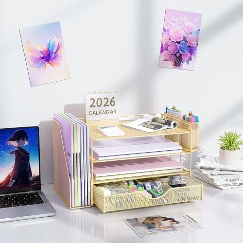 gianotter Desk Organizers and Accessories with File Holder, 4-Tier Desk Accessories & Workspace Organizers with Drawer and 2 Pen Holder, Paper Organizer for Office Supplies(Gold) thumbnail 7