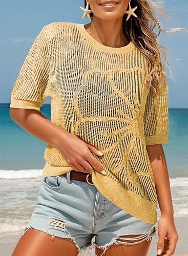 Dokotoo Womens Summer Short Sleeve Crochet Tops Hollow Out Floral Sweaters Beach Vacation Cruise Outfits thumbnail 3