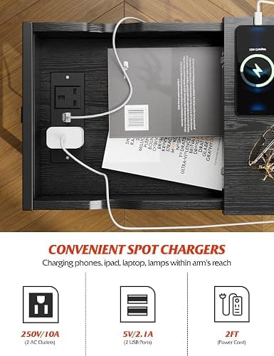 Nicehill Side Table with Charging Station, Narrow End Table with USB Ports, Outlets, Fabric Bags, Storage Shelf, Narrow Bedside Table for Small Rooms, Bedroom, Living Room, Classic Black thumbnail 6