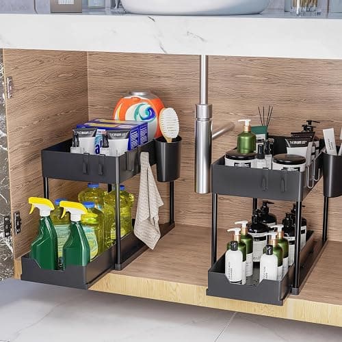 Puricon Lot de 1 Rangement sous Évier à 2 Étages, Organisateur Cuisine avec Tiroirs Amovibles, Rangement Coulissant sous Évier, Organisateur Placard, Étagère, Panier Coulissant pour Cuisine -Noir thumbnail 2
