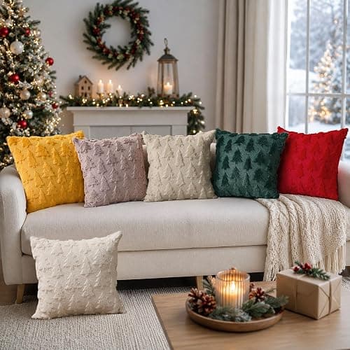 DFXSZ Christmas Tree Pillow Covers 18x18 Set of 2 Christmas Decor Beige | Christmas Winter Decorations|Soft Plush Faux Fur Jacquard Throw Pillowcases| For Bedroom Sofa Festivals Home Decor thumbnail 7
