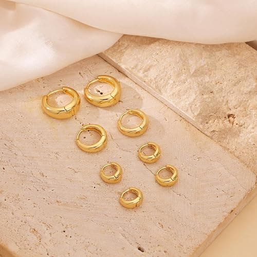 CHESKY 4 Pairs Small Huggie Hoop Earrings for Women - Chunky 14K Gold Plated/Silver Plated Lightweight Earring Stacks Cartilage Hoop Earrings Set for Multiple Piercing Trendy Jewelry thumbnail 6