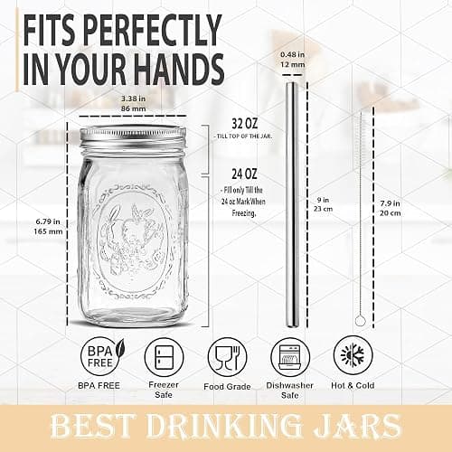 MEM WORLDSHOP Wide Mouth Mason Jars 32 oz - (2 Pack) - Wide Mouth 32-Ounces Quart Mason Jars with Reusable M.E.M Bamboo Lids & Stainless Steel Straws - For Smoothies, Milk Shakes, Iced Coffee, Tea thumbnail 2