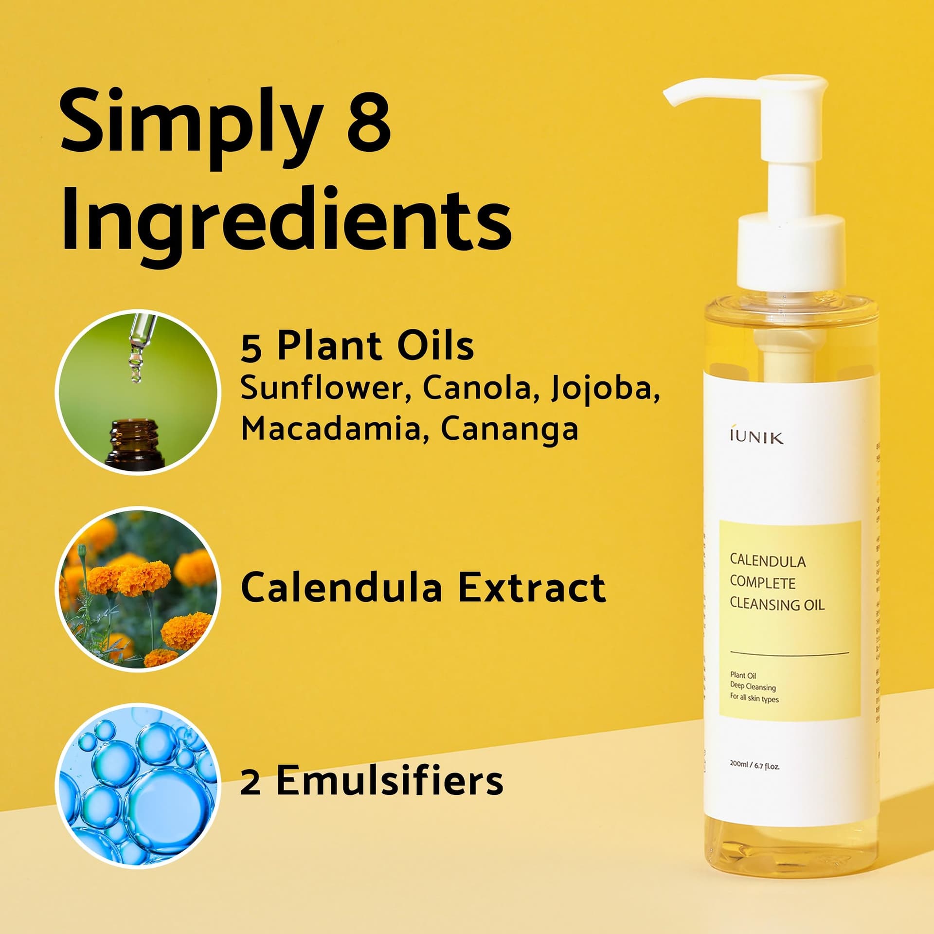 IUNIK Calendula Complete Deep Vegan Cleansing Oil 94% Plant-based Oils Blackhead Melting Makeup Remover Mascara Sunscreen Eyeliner Facial Cleanser - Dry Oily Acne-Prone Sensitive Skin Korean Skincare thumbnail 5